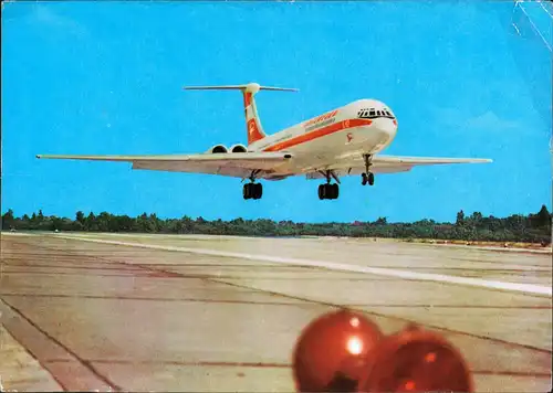 Ansichtskarte  Turbinenluftstrahlverkehrsflugzeug Interflug Start IL 62 1973