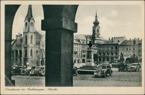 Postcard Trautenau Trutnov Marktplatz - Autos, Denkmal 1939