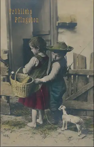 Glückwunsch: Pfingsten Mädchen frecher Junge Coloriertes Foto 1909
