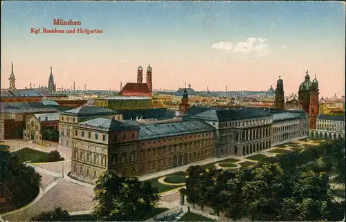 Ansichtskarte München Kgl. Residenz, Stadt und Hofgarten 1913