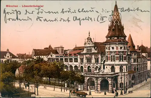 Ansichtskarte München Löwenbräukeller, Bierkutscher 1908