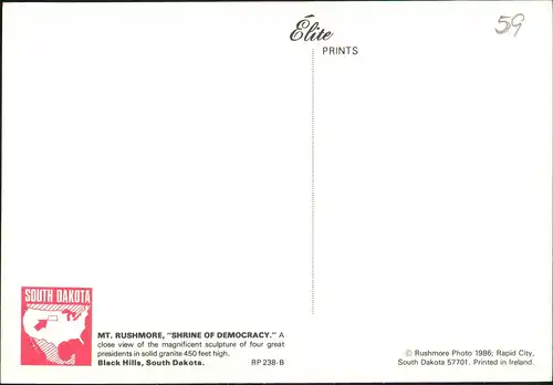 Postcard Keystone (South Dakota) Mount Rushmore National Memorial 1986