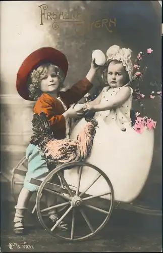 Ansichtskarte  Kinder Junge Mädchen Wagen Riesenei colorierte Fotokarte 1908