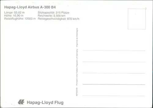 Ansichtskarte  Hapag-Lloyd Airbus A-300 B4 Flugwesen - Flugzeuge 1985