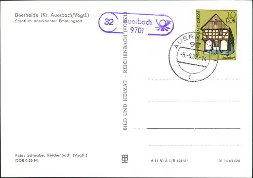 Beerheide-Auerbach (Vogtland) Kulturhaus MB gel. Landpoststempel 1981