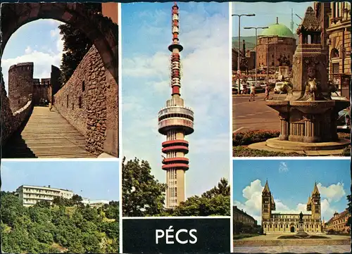 Postcard Fünfkirchen Pécs (Pečuh) MB: fernsehturm, Straßen 1975