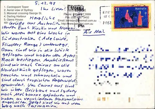 Postcard Sydney MB Tower, Luftbild, Straße 1998