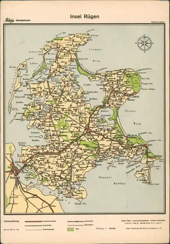 .Mecklenburg-Vorpommern Insel Rügen Wandekarte AK Maßstab 1:50000 1930