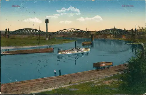 Ansichtskarte Riesa Elbebrücke Dampfer gel. Feldpost 1915