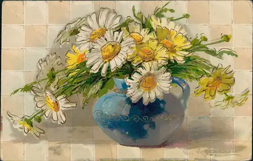 Ansichtskarte  Künstlerkarte Blumen Vase 1917 Goldrand