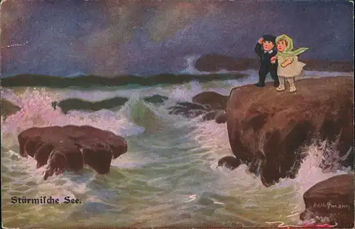 Ansichtskarte  Kinder Künstlerkarten Stürmische See Bd. Hoffmann 1913