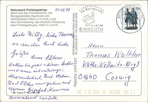 Ansichtskarte Bischofsgrüner Forst Luftbild Ochsenkopf (Fichtelgebirge) 1999