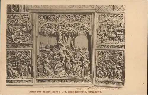 Ansichtskarte Stralsund Nicolaikirche Altar Holzschnitzereien 1912