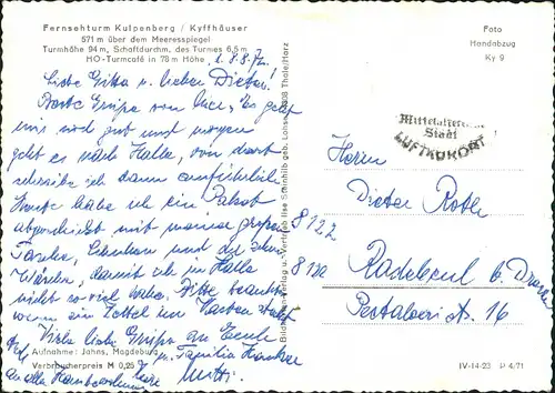 Ansichtskarte Steinthaleben-Kyffhäuserland Kulpenberg - Fernsehturm, Weg 1971