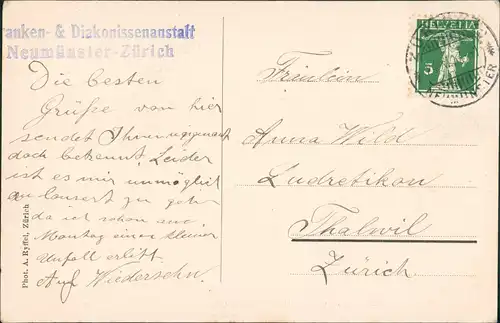 Ansichtskarte Riesbach-Zürich Kranken und Diakonissenanstalt 1924