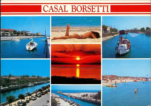 Cartoline Casal Borsetti Hafen, Frau am Strand Erotik 1979