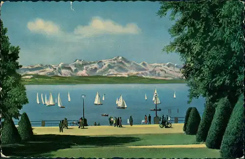 Ansichtskarte Friedrichshafen von den Anlagen auf die Schweizer Alpen 1958