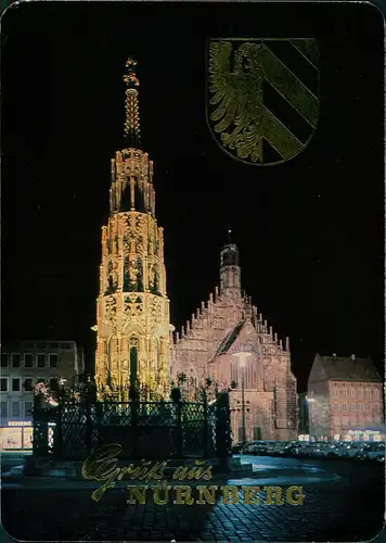 Ansichtskarte Nürnberg Hauptmarkt bei Nacht Goldpräge 1981 Goldrand