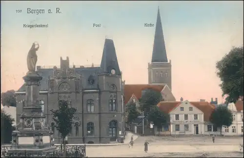 Ansichtskarte Bergen (Rügen) Kriegerdenkmal, Straße, Post 1913