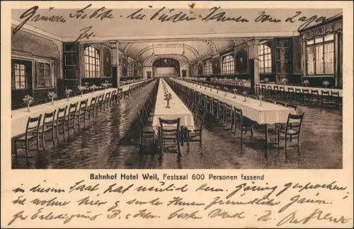 Ansichtskarte Weil am Rhein Bahnhof Hotel - Festsaal 1930 Pernat-Karte