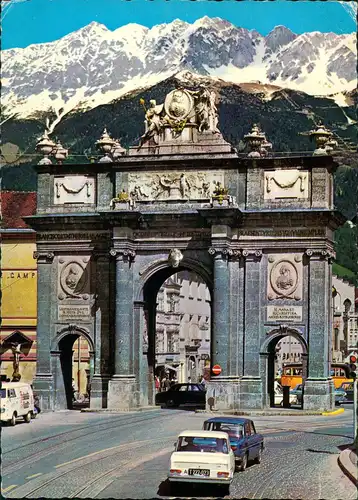 Innsbruck Panorama a.d. Triumphpforte, Autos, Alpen Nordkette 1970