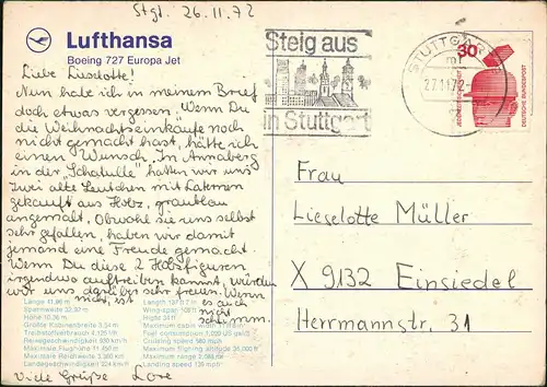 Ansichtskarte  Boeing 727 Europa Jet Lufthansa Flugzeug 1972 Stempel Stuttgart