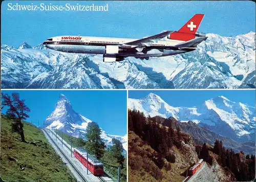 Ansichtskarte Zermatt Matterhorn, Flugzeug DC 10 SwissAir 1989