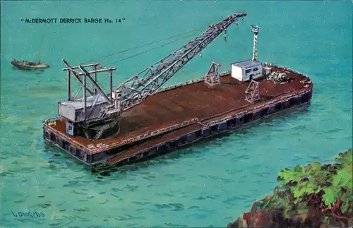 Ansichtskarte  McDERMOTT DERRICK BARGE No. 14, Kran-, Bagger-Schiff 1960