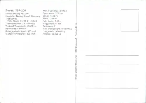 Ansichtskarte  Flugzeug Airplane Boeing 757-200 der Fluggesellschaft LTS 1990