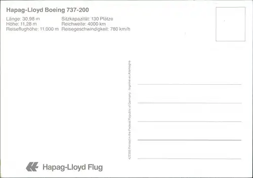 Ansichtskarte  Hapag-Lloyd Boeing 737-200 Flugzeug Airplane Avion 1990