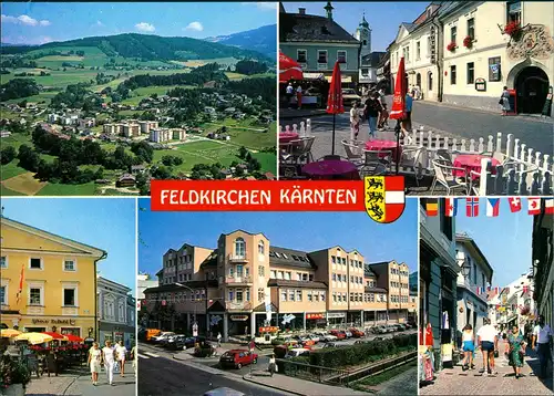 Feldkirchen in Kärnten Mehrbild-AK ua. Geschäfte, Luftaufnahme, Straßen 1990