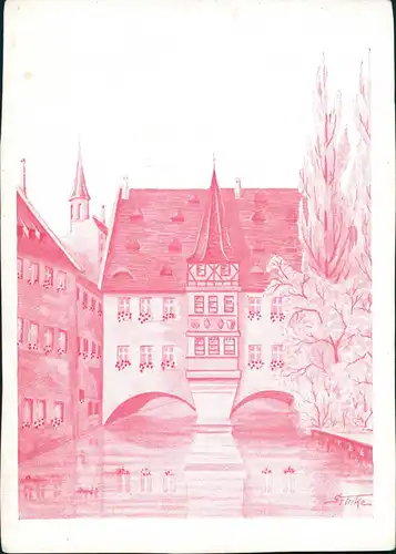 Nürnberg Künstlerkarte signiert "STINKE" Heilig-Geist-Spital 1930