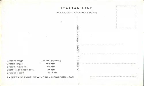 ITALIA NAVIGAZIONE SERVICE NEW YORK Dampfer LEONARDO DA VINCI 1960