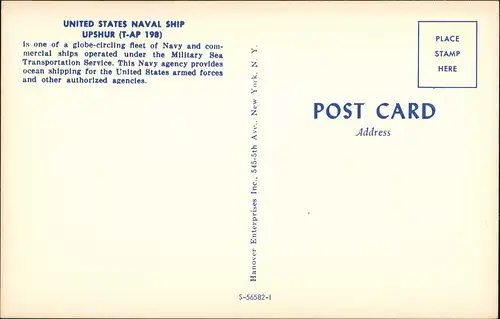 .USA United States of America US NAVAL SHIP UPSHUR (T-AP 198) Navy Marine  1960