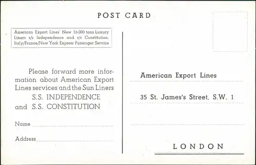 Liners Independence and Constitution  Line London (Firmen-Antwortkarte) 1950
