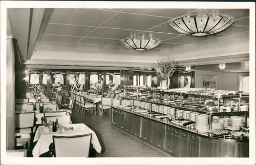 Ansichtskarte  FÄHRSCHIFF DEUTSCHLAND Kaltes Buffet Speisesaal 1955