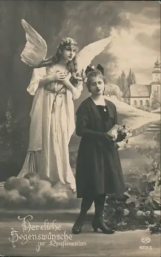 Ansichtskarte  Glückwunsch & Konfirmation Junge Frau mit Engel Bildnis 1910