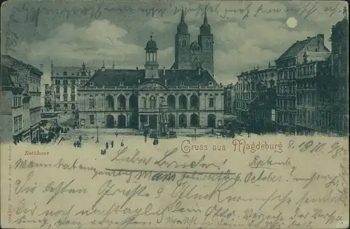 Altstadt-Magdeburg Rathaus Rathausplatz Gruss-aus-Mondschein-Karte 1898 Luna