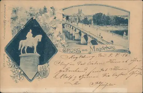 Ansichtskarte Magdeburg 2 Bild Denkmal Brücke - Blaudruck 1897