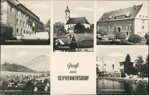 Ansichtskarte Seifhennersdorf Berufsschule, Waldbad, Lausche 1956