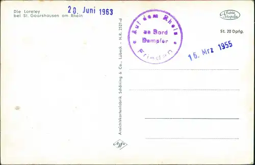 Ansichtskarte Sankt Goar Loreley Bordstempel Dampfer Frieden 1955