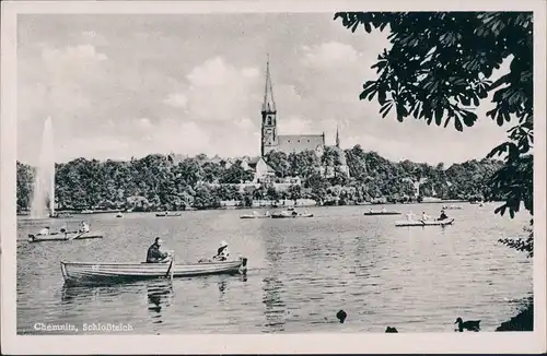 Ansichtskarte Chemnitz Ruderer Botte auf dem Schloßteich 1955
