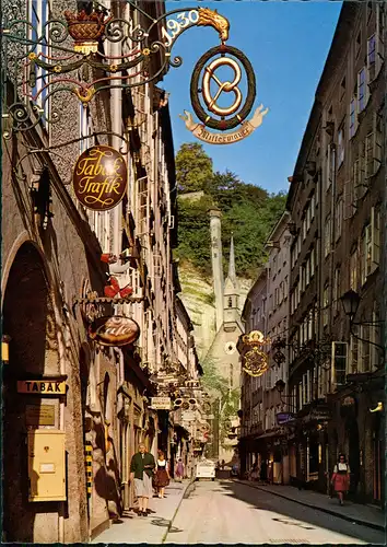 Ansichtskarte Salzburg Getreidegasse, Tabak Trafik Geschäfte, Café 1960