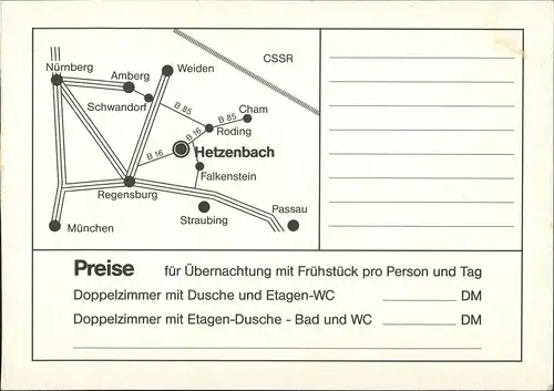 Hetzenbach Gasthof Zur Linde Bayer. Wald Reklame-Karte mit Anfahrt 1980