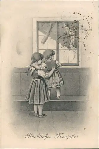 Glückwunsch - Neujahr/Sylvester Kinder schauen aus Fenster 1906