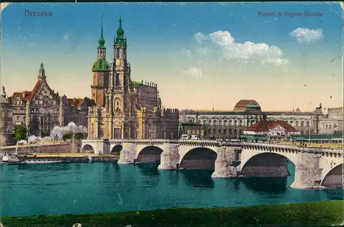 Innere Altstadt-Dresden Augustusbrücke, Dampfer gel. Feldpost 1916