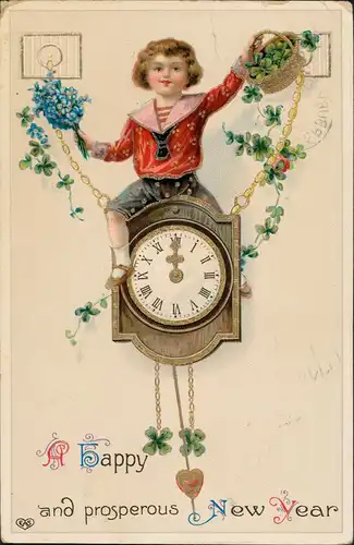 Neujahr/Sylvester Junge auf Uhr Kleeblatt Prägegoldrand 1914 Goldrand