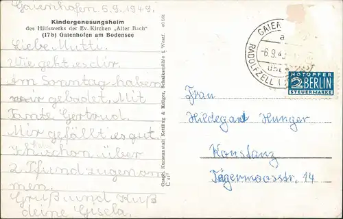 Ansichtskarte Gaienhofen Kindergenesungsheim Badestrand 1949