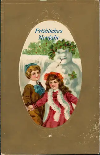 Neujahr/Sylvester Kinder Schneemann Goldprägekarte 1912 Goldrand