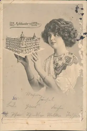 Ansichtskarte Leipzig Grimmaische Straße Modekaufhaus Fotomontage Frau 1913